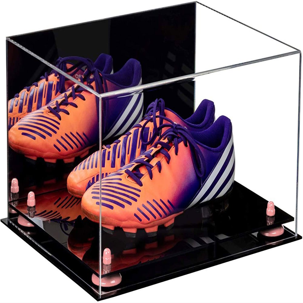 Better Display Cases Acrylic Shoe Pair Display Case for Soccer Cleats Football Cleats with Mirror, Pink Risers and Black Base (A026/V12)