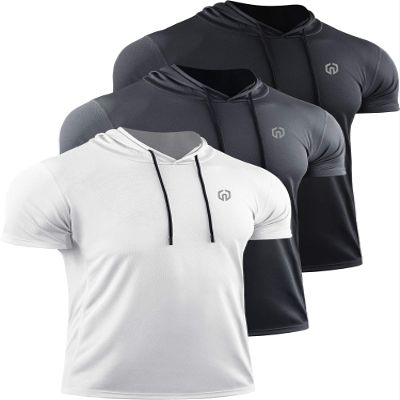 NELEUS Men's Running Shirt Mesh Workout Athletic Shirts with Hoods,5084,3 Pack,Black/Grey/White,US S,EU M