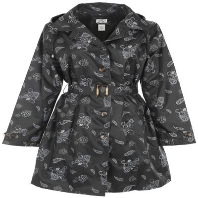 Capelli New York Ladies Mid Length Trench Rain Jacket with Removable Hood Floral Paisley Black Combo XL