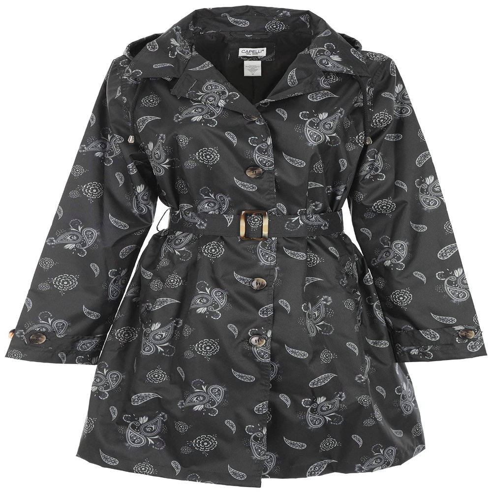 Capelli New York Ladies Mid Length Trench Rain Jacket with Removable Hood Floral Paisley Black Combo XL