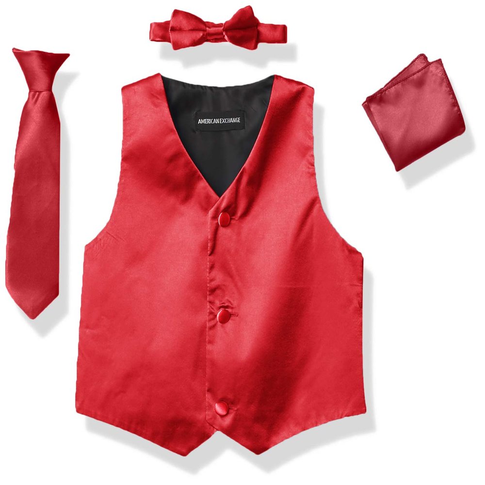4 Piece Formal Vest Set Combo with Tuxedo Vest, Tie, Bow Tie, and Handkerchief