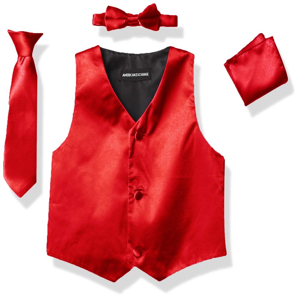 a.x.n.y 4 Piece Formal Vest Set Combo with Tuxedo Vest, Tie, Bow Tie, and Handkerchief Red