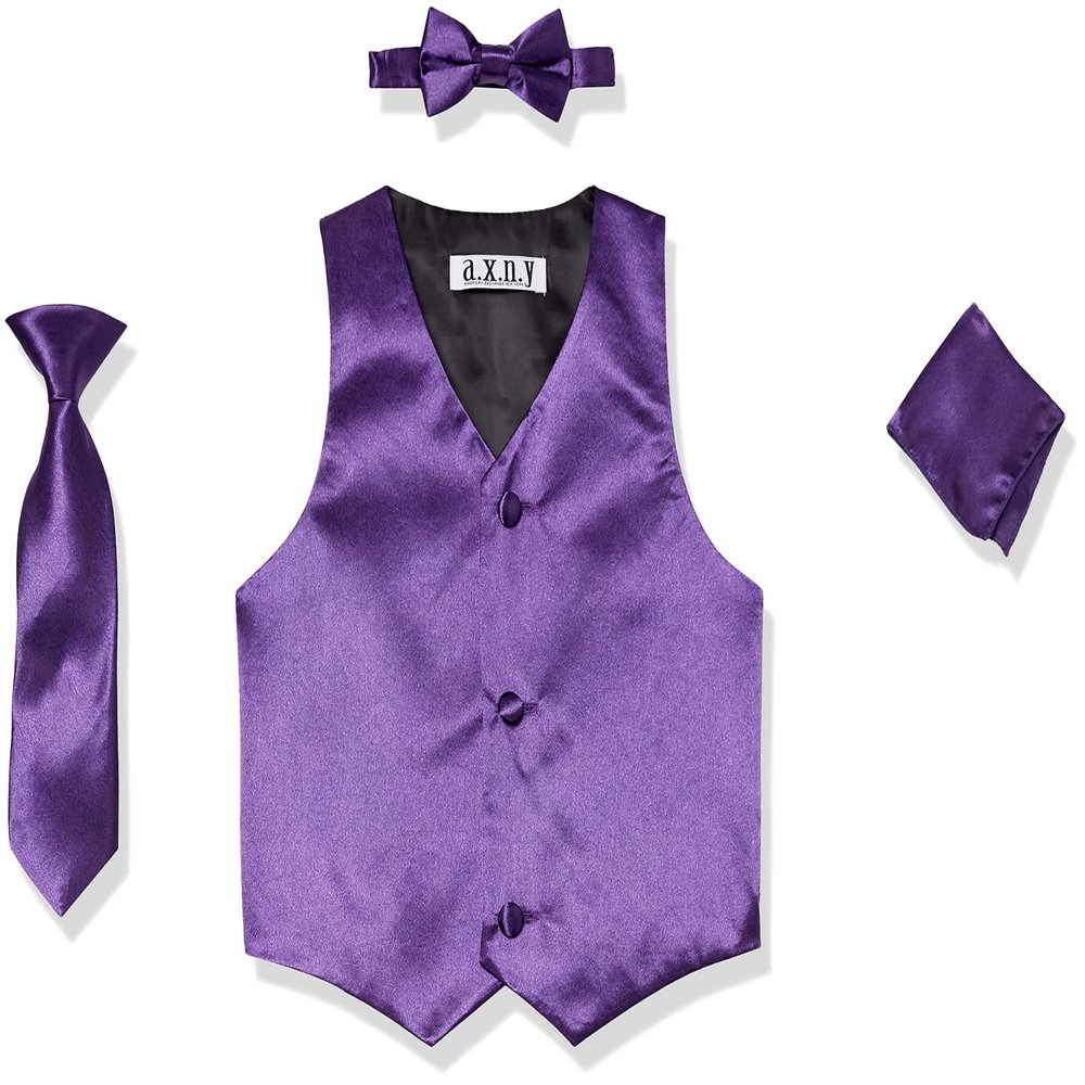 AXNY Boys 4 Piece Formal Vest Combo with Tuxedo Tie, Bow and Handkerchief Business Suit Pants Set, Purple, 6 Months US