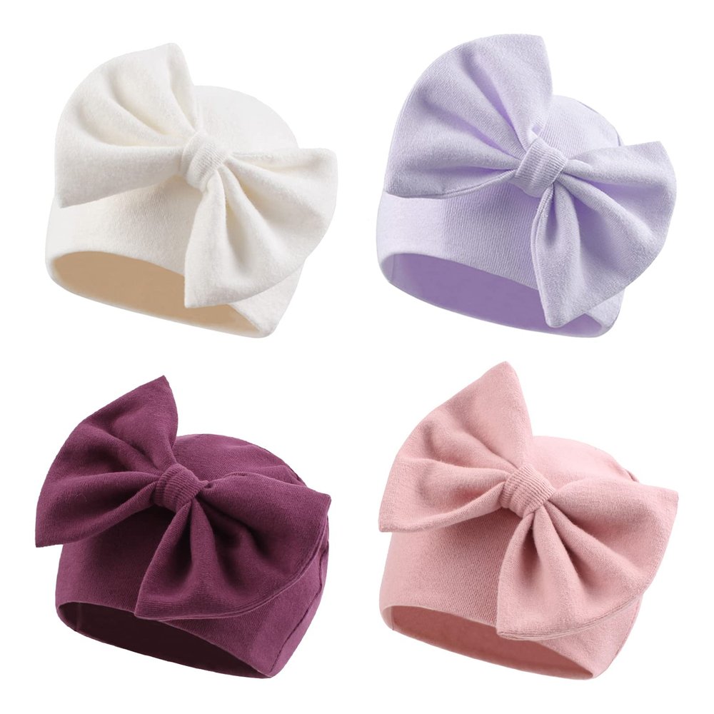 Bamery Newborn Baby Girl Hat Cotton Baby Bow Beanie Preemie Hats Spring Infant Hats for Girls 0-12 Months (4PACK-D, Preemie)