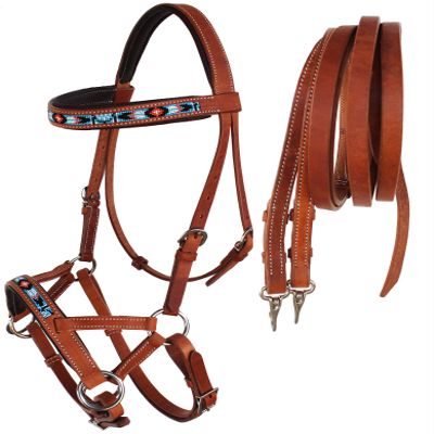 CHALLENGER Horse Western Padded Leather Beaded Bitless Sidepull Bridle 77RT23TN-F