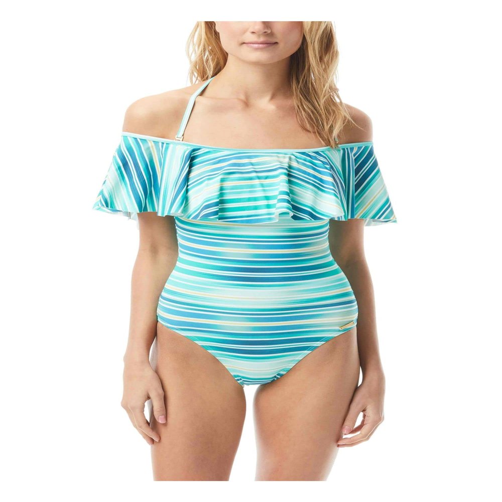 Vince Camuto Mediterranean Sea Stripe Ruffle Off-The-Shoulder One-Piece Azure 6