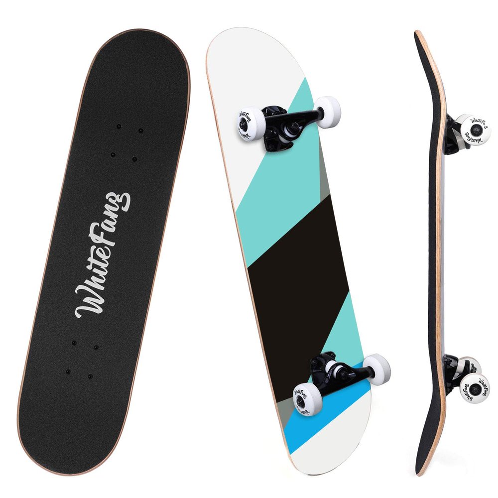 WhiteFang Skateboards for Beginners, Complete Skateboard 31 x 7.88, 7 Layer Canadian Maple Double Kick Concave Standard and Tricks Skateboards for Kids and Beginners (Simple Color)