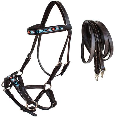 CHALLENGER Horse Western Padded Leather Beaded Bitless Sidepull Bridle 77RT23BR-F