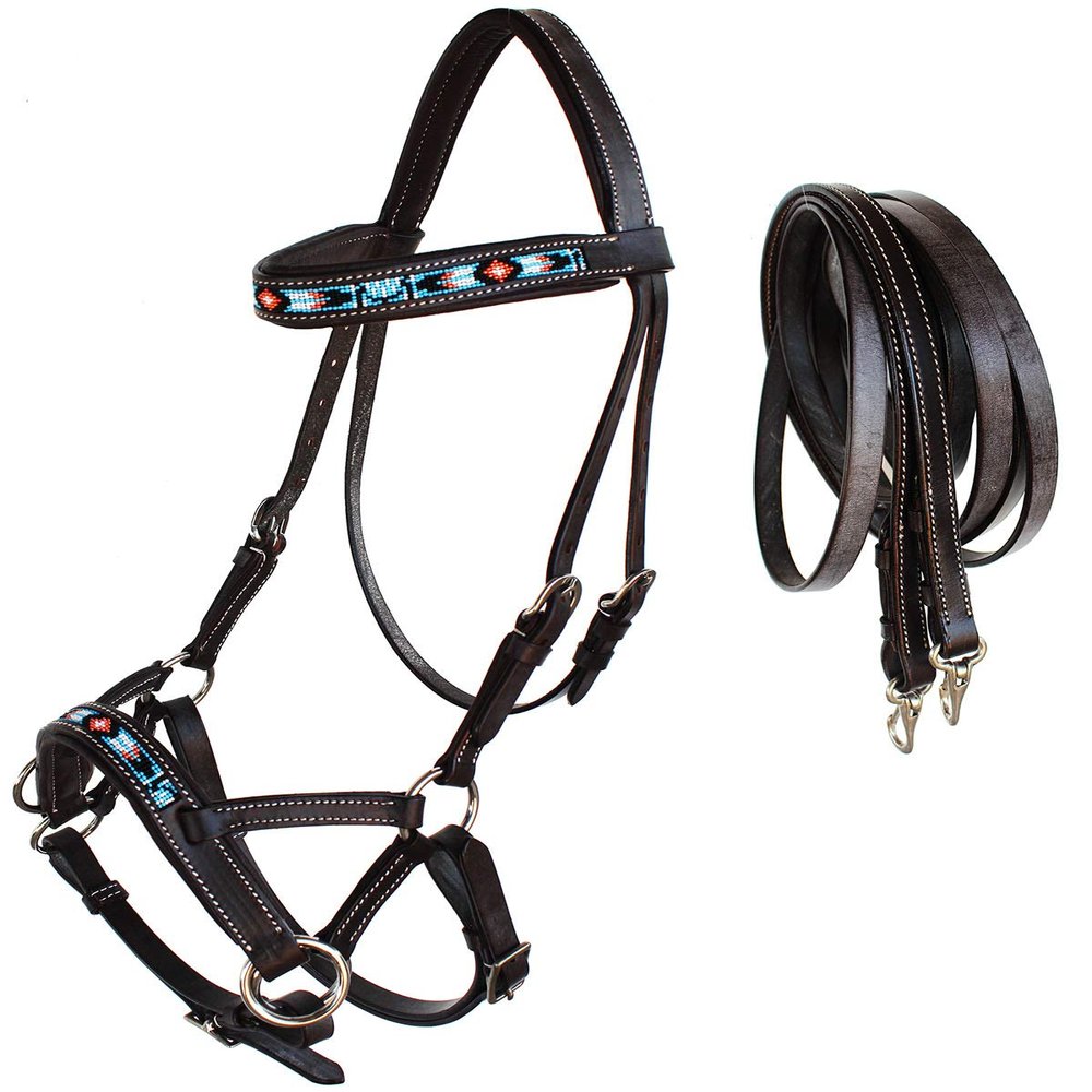 CHALLENGER Horse Western Padded Leather Beaded Bitless Sidepull Bridle 77RT23BR-F