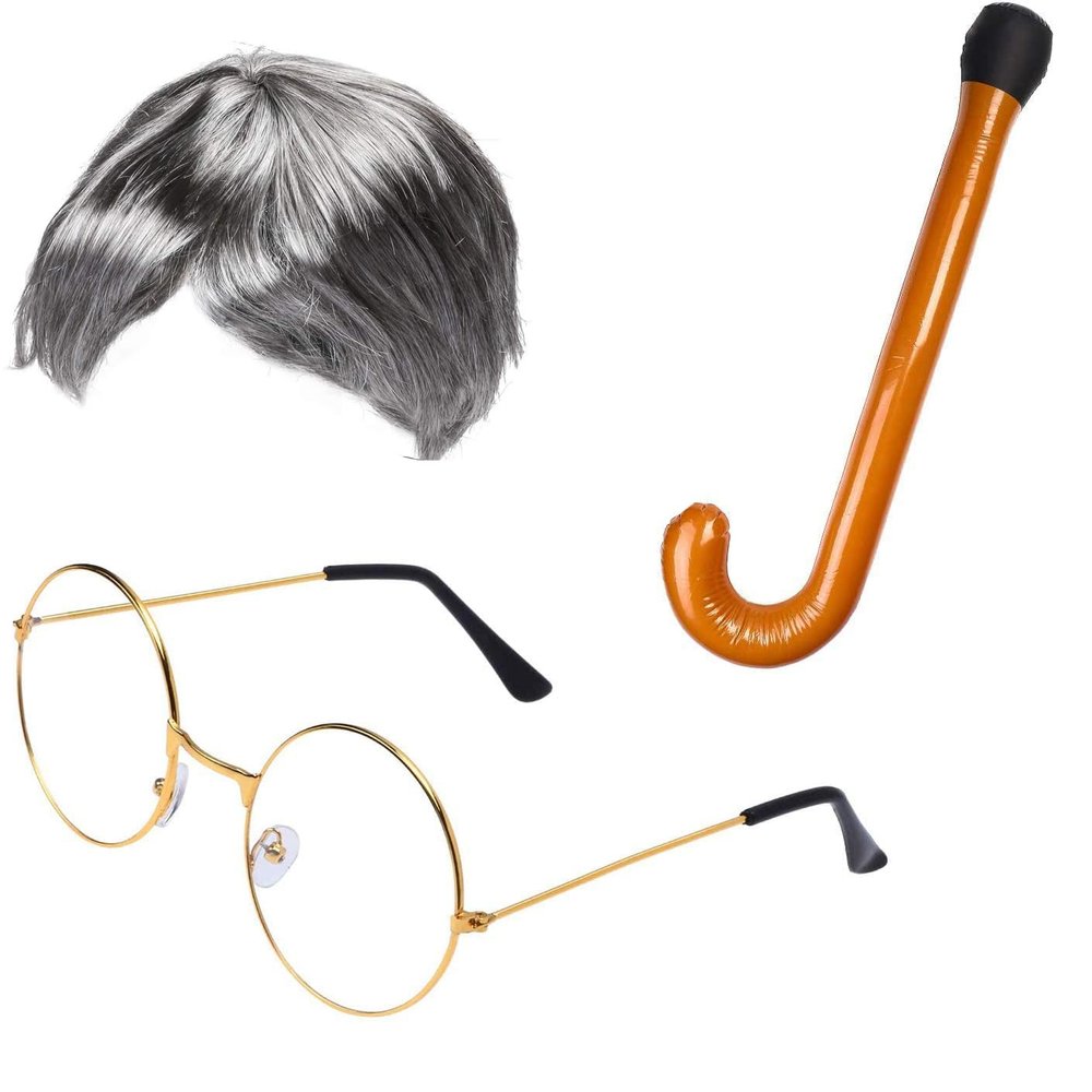 Beefunny Old Man Wig and Glasses Grandpa Costume Accessories Inflatable Walking Cane 100th Day of School Starter Kit (Not Include Cane)