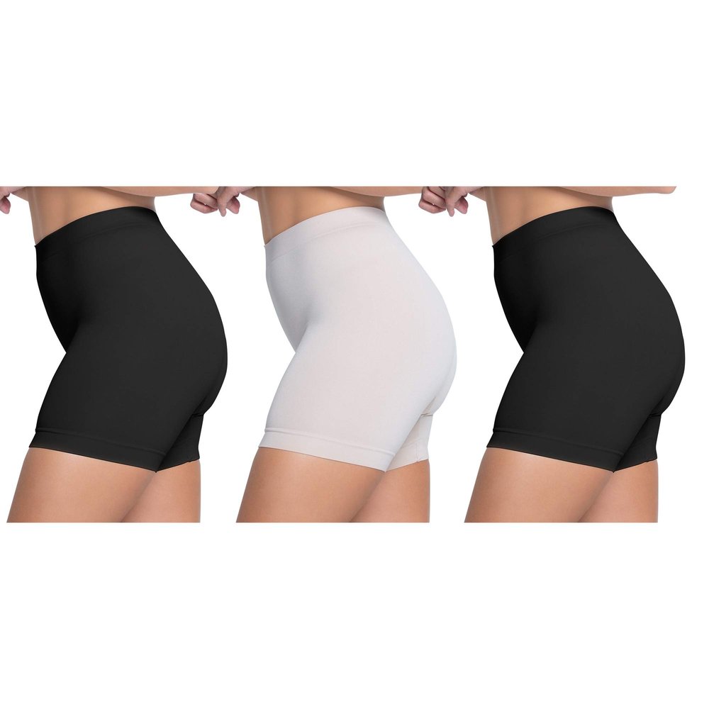 Skinnygirl Women's Mid-Length Seamless Slip Shorts, Multipack (Black/Ondine Blush/Black, Medium)
