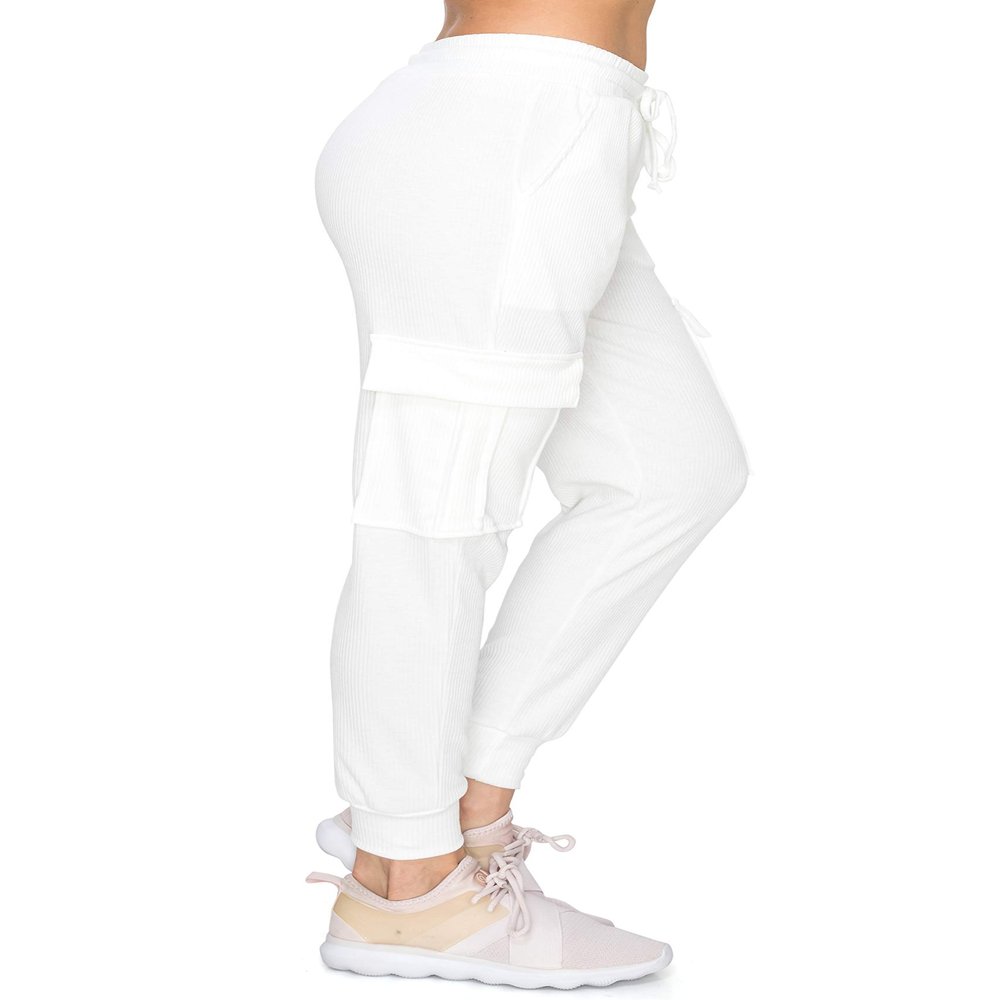 ALWAYS Womens Ribbed Cargo Jogger Sweatpants - Premium Soft Winter Warm Stretch Rib Knit Pants with Pockets White M