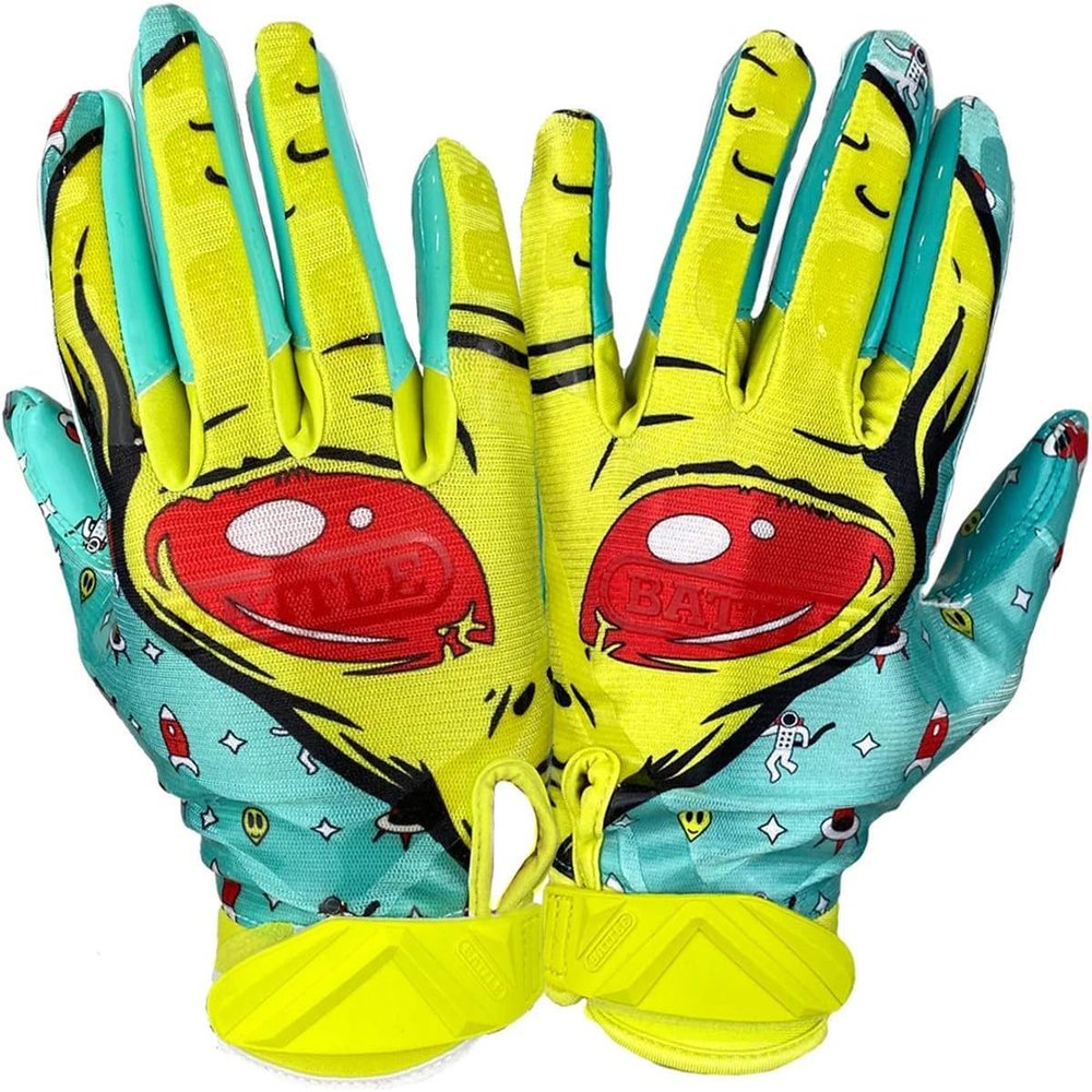 Battle Sports Yellow Alien Cloaked Wide Receiver Football Gloves, Ultra-Tack Sticky & Grip Gloves, No Slip - Youth X-Large