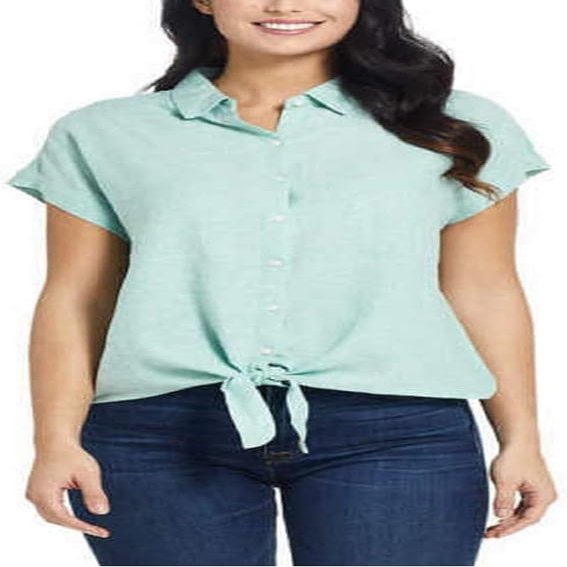 Weatherproof Vintage Ladies' Tie Front Top (Green Solid, Large)