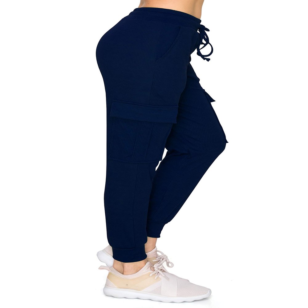 ALWAYS Womens Ribbed Cargo Jogger Sweatpants - Premium Soft Winter Warm Stretch Rib Knit Pants with Pockets Navy L