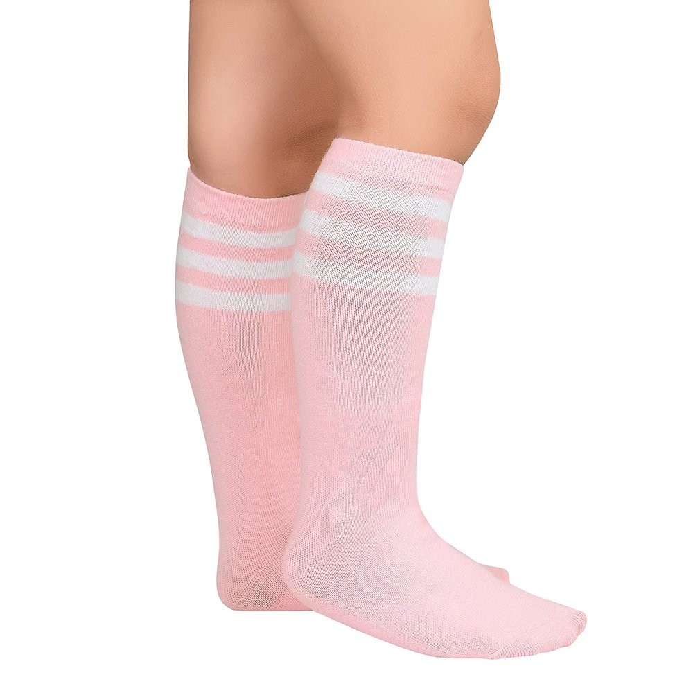 Kids Socks Knee High Uniform Sports Soccer Socks Stripes Tube Socks for Child Boys Girls 1 Pack Pink & White