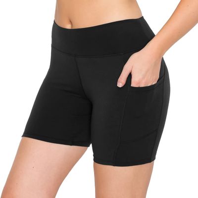 ALWAYS Women's 5" Yoga Shorts - Premium Soft Tummy Control Workout Stretch Solid Leggings Pants with Pockets Black L
