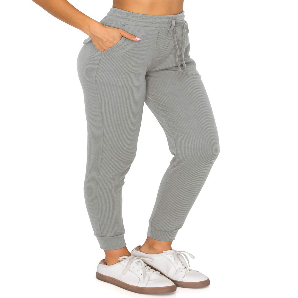 ALWAYS Womens Ribbed Jogger Sweatpants - Premium Soft Winter Warm Stretch Rib Knit Pants with Pockets Grey L