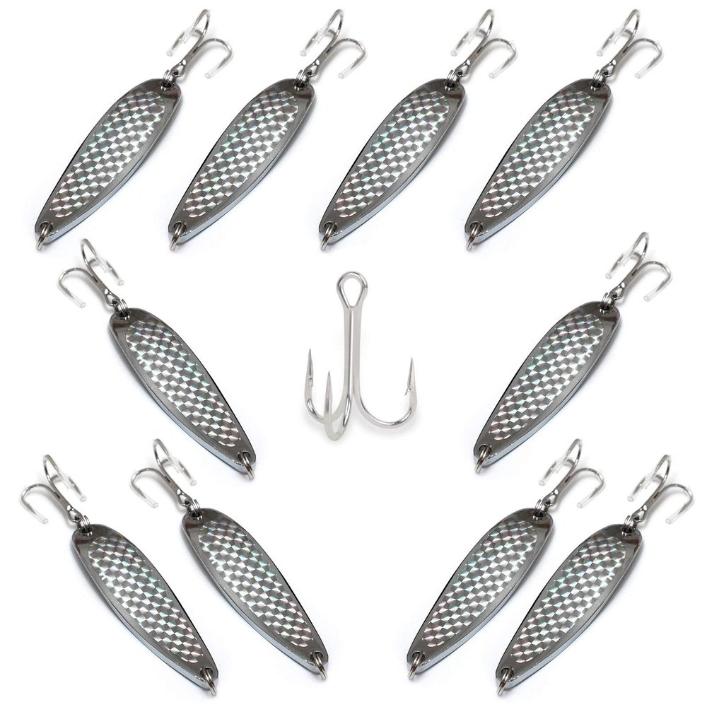 Fish WOW! 10 Pieces 2oz Fishing Spoon jig with a 3561D-DT 3X Mustad Treble Hook 2/0