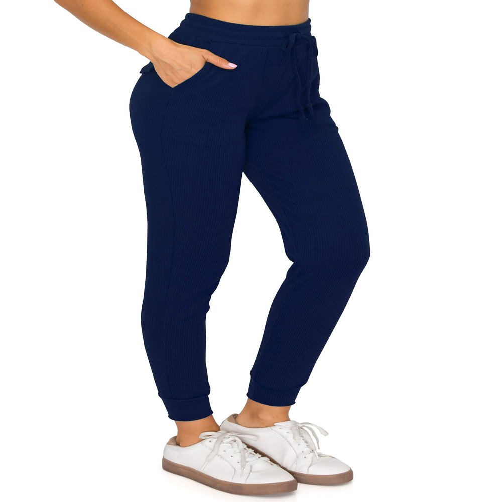 ALWAYS Womens Ribbed Jogger Sweatpants - Premium Soft Winter Warm Stretch Rib Knit Pants with Pockets Navy M