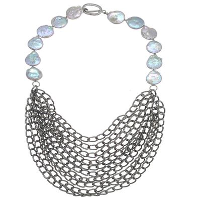 10 Strands of Pewter Chains Layered with 1 Strand of Gray Coin Pearl Necklace for Women Gifts 19"