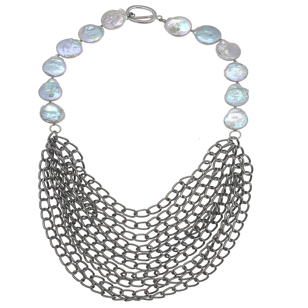 10 Strands of Pewter Chains Layered with 1 Strand of Gray Coin Pearl Necklace for Women Gifts 19"