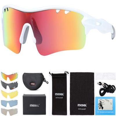 ITSCOOL Polarized Sports Sunglasses with 5 Interchangeable Lenses for Men Women Softball Baseball Running Cycling Glasses White Orange