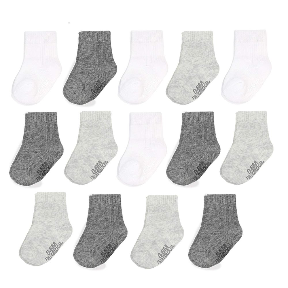 Fruit of the Loom Baby 14-Pack Grow & Fit Flex Zones Cotton Stretch Socks - Unisex, Girls, Boys (2-4 Years, Grey)