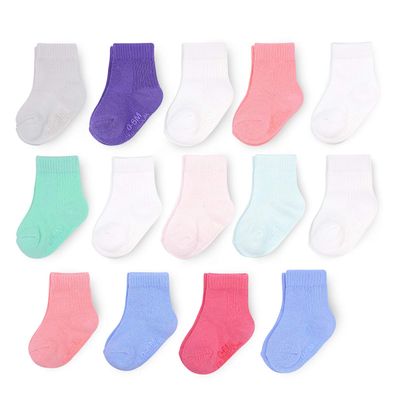 Fruit of the Loom Baby 14-Pack Grow & Fit Flex Zones Cotton Stretch Socks - Unisex, Girls, Boys (2-4 Years, Pink)