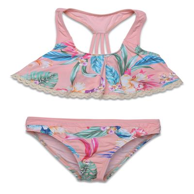 Hobie Girls' Flounce Bralette Bikini Top & Spliced Hipster Bottom Swimsuit Set, Blush//Island Floral, 14