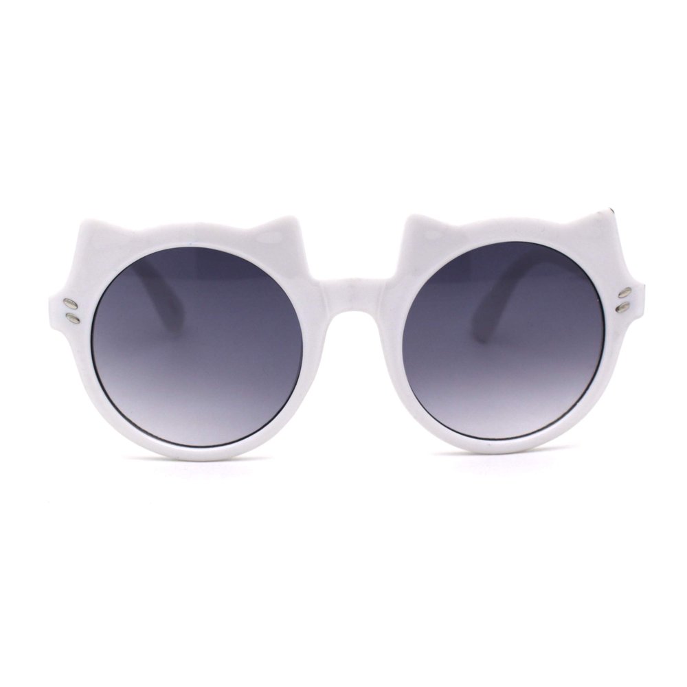 SA106 Girls Kids Size Kitty Cat Ear Round Plastic Circle Sunglasses White