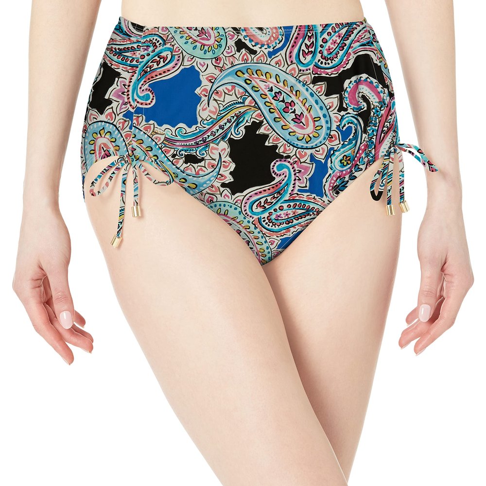 24th & Ocean Women's Standard Mid Waist Adjustable Bikini Bottom Swimsuit, Multi//Lahaina Lovely, XXL
