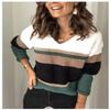 BROCHRY Womens Stripe Color Block Short Sweater Long Sleeves Stitching Color Round Neck Loose Pullovers Jumper Tops (5089Green, L) view 2