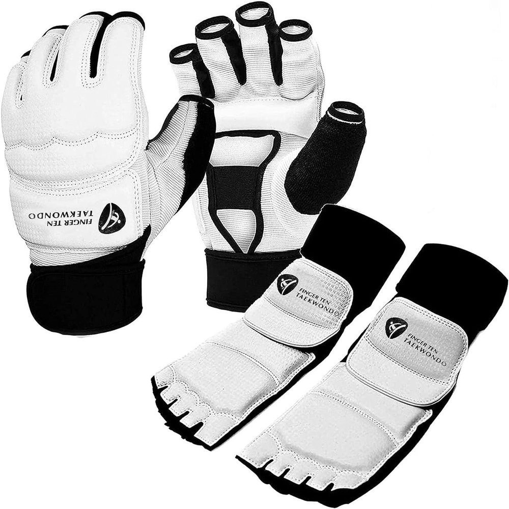 Taekwondo Sparring Gear Gloves Hand and Foot Protectors White Protective Guards Set for Boxing Kickboxing Fit Adult Men Women Kids Training (White,X/Large)