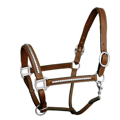 Exion Luxury Leather Horse Halter with Clincher Studs Comfort Padded Anatomical Crown & Noseband Quick-Release Snap Throat Latch Vegetable Tanned Leather in Black/Brown