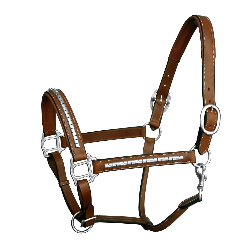 Exion Luxury Leather Horse Halter with Clincher Studs Comfort Padded Anatomical Crown & Noseband Quick-Release Snap Throat Latch Vegetable Tanned Leather in Black/Brown