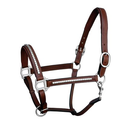 Exion Luxury Leather Horse Halter with Clincher Studs Comfort Padded Anatomical Crown & Noseband Quick-Release Snap Throat Latch Vegetable Tanned Leather in Black/Brown