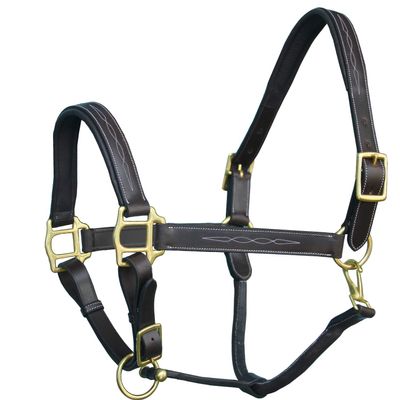 Exion Six Fancy Stitch Leather Padded Cushioned Horse Halter-Brass Hardware | Adjustable Chin and Throat Snap Halter | Replaceable Crownpiece Halter | Quick Release | Black, Havana Brown | Full