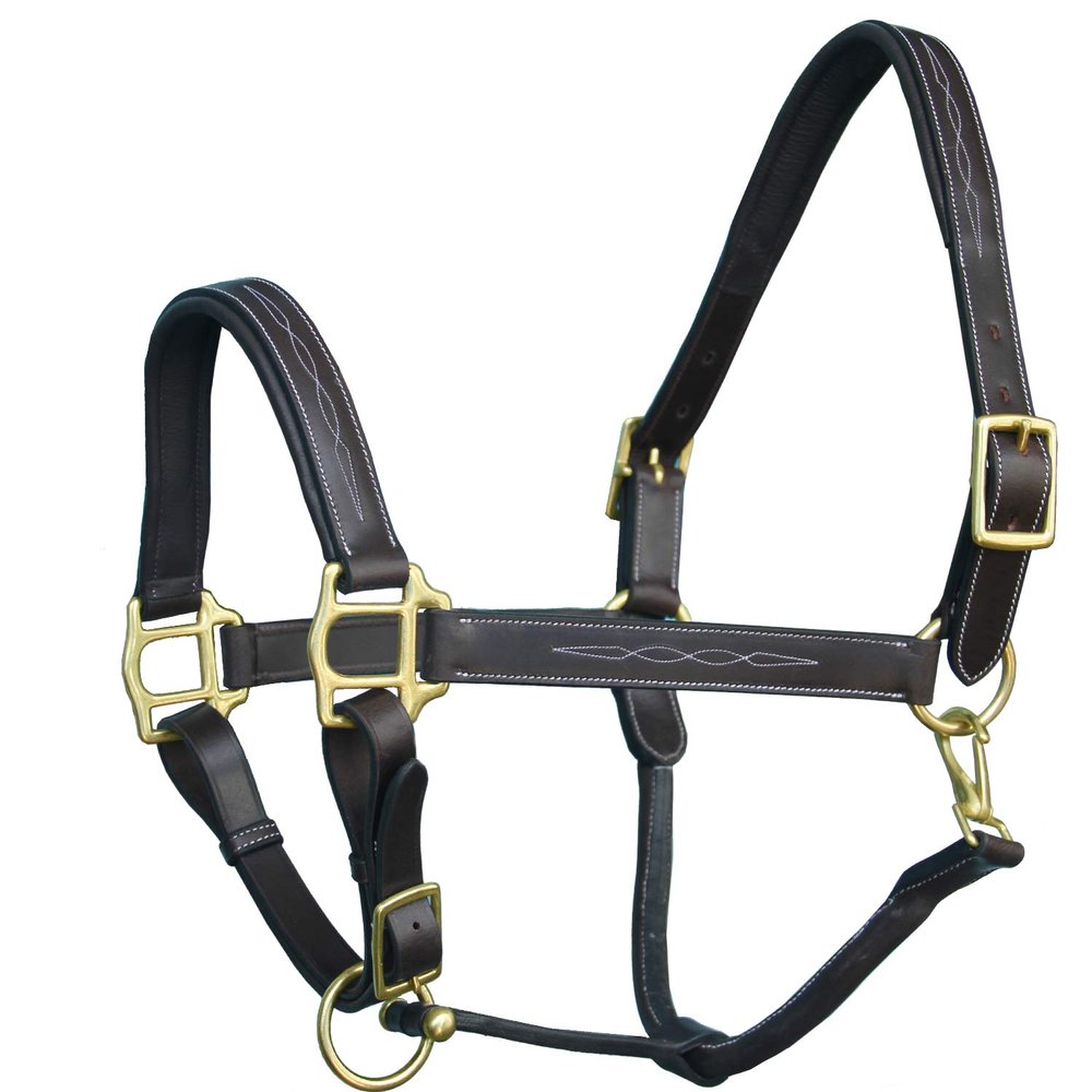 Exion Six Fancy Stitch Leather Padded Cushioned Horse Halter-Brass Hardware | Adjustable Chin and Throat Snap Halter | Replaceable Crownpiece Halter | Quick Release | Black, Havana Brown | Full