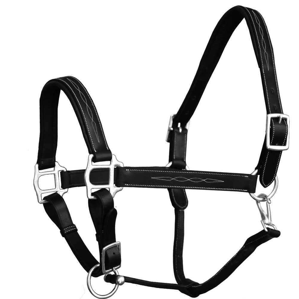 Exion Designer Stitched Padded Cushioned Horse Halter- Silver Hardware | Adjustable Chin and Throat Snap Halter | Replaceable Crownpiece Halter | Quick Release | Black, Havana Brown | Over, Full