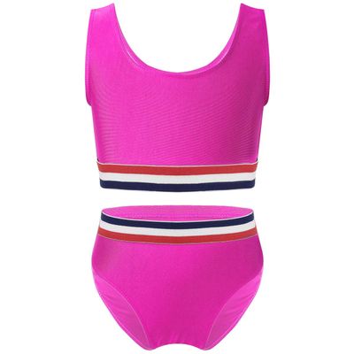 Oyolan Girls Teens Two Piece Swimsuit Striped Sleeveless Top with Bottoms Set Bathing Suit Swimwear Rose_Red 16