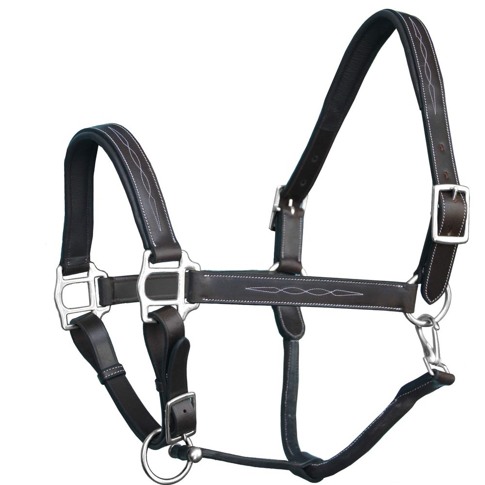 Exion Designer Stitched Padded Cushioned Horse Halter- Silver Hardware | Adjustable Chin and Throat Snap Halter | Replaceable Crownpiece Halter | Quick Release | Black, Havana Brown | Over, Full