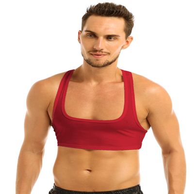 JEEYJOO Men's Short Solid Sleeveless Y Back Muscle Half Tank Top T-Shirts Sports Bras for Men Red X-Large