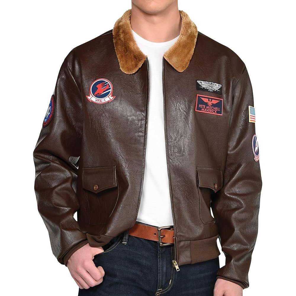 Brown Leather Top Gun Maverick Bomber Jacket (Mens' Plus XXL 48-52) 1 Pc. - Classic Vintage Style, Ideal for Style-savvy Adventurers
