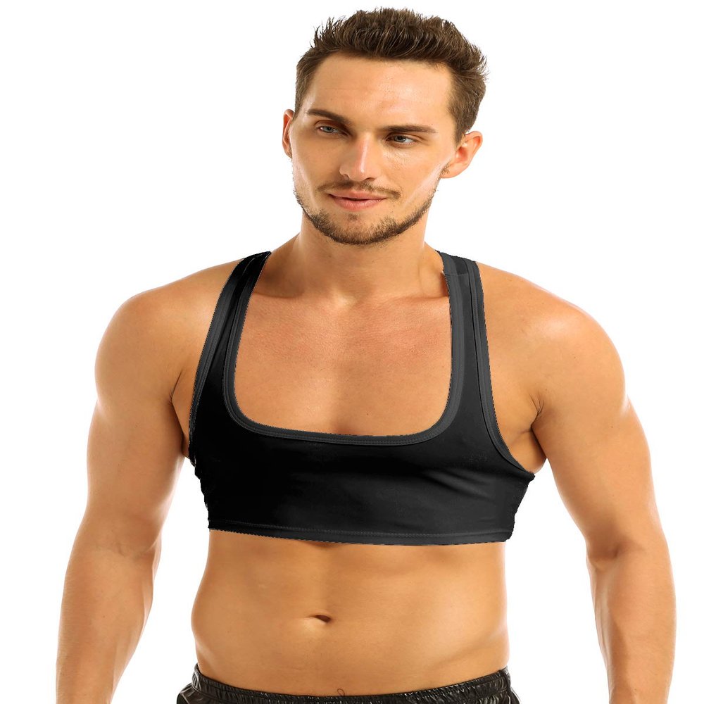 JEEYJOO Men's Short Solid Sleeveless Y Back Muscle Half Tank Top T-Shirts Sports Bras for Men Black Large