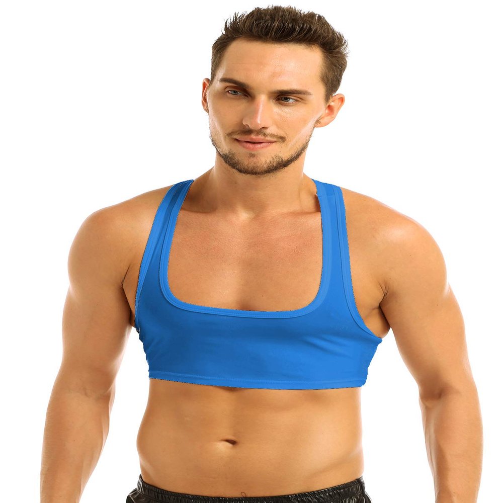 JEEYJOO Men's Short Solid Sleeveless Y Back Muscle Half Tank Top T-Shirts Sports Bras for Men Blue X-Large