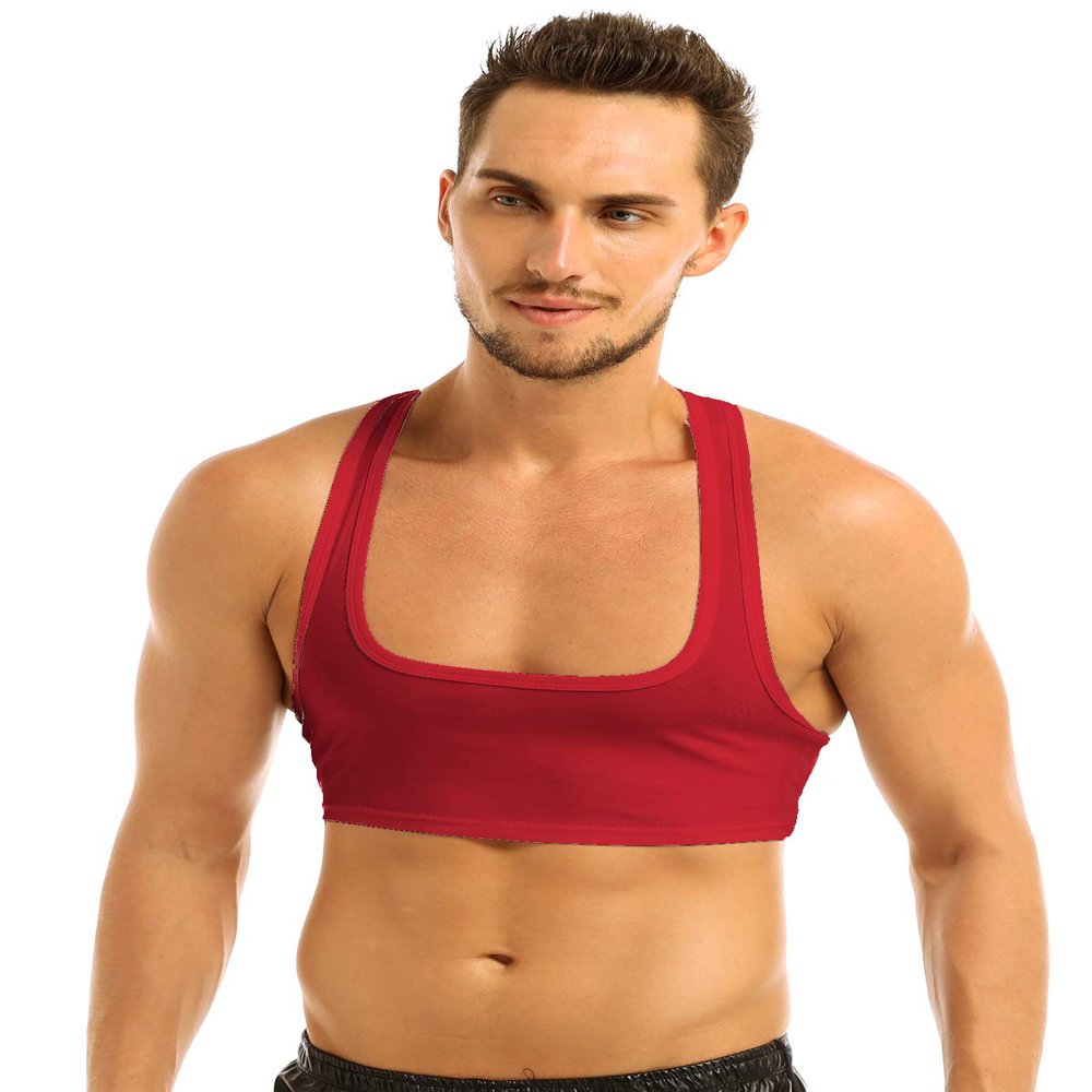 JEEYJOO Men's Short Solid Sleeveless Y Back Muscle Half Tank Top T-Shirts Sports Bras for Men Red Large