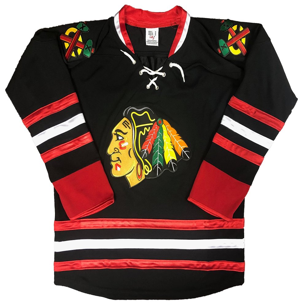 Blackhawks Jerseys - Three (3) Colors and 10 Sizes, We Add Your Name and Number (Black, Adult Small)