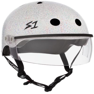 S1 Lifer Visor Helmet Gen 2 for Skateboarding, BMX, and Roller Skating - EPS Fusion Foam, CPSC & ASTM Certified - White Gloss Glitter w/Clear Visor X-Large (22.5")