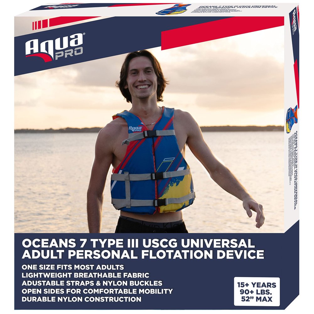 Oceans 7 USCG Universal Fit Adult Sized Life Jacket Type III PFD Fits Chest Size 30 - 52 Flexible-Fit Open-Sided Design Blue/Red/Yellow